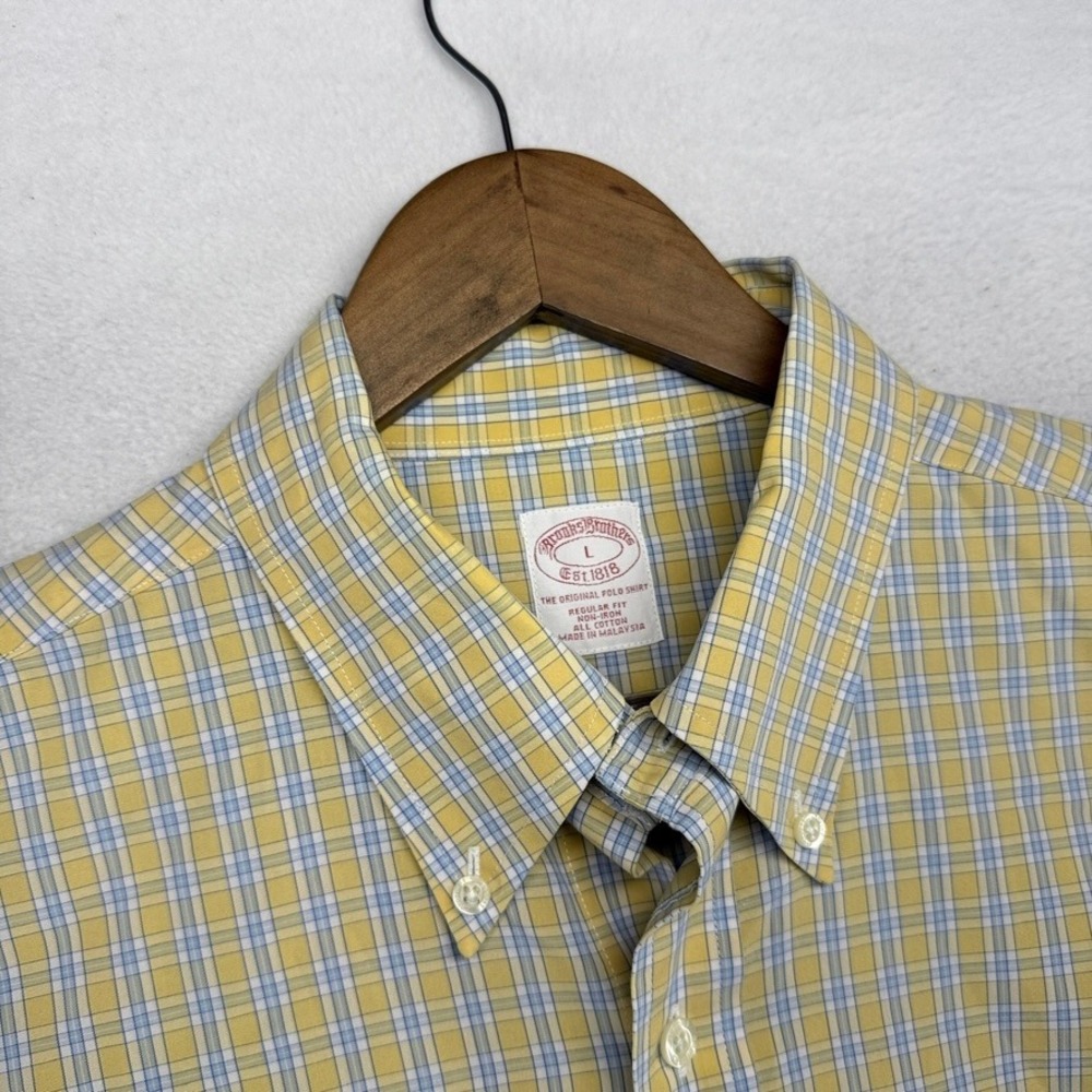 Brooks Brothers Button Down Shirt Mens Large Yellow Blue Tattersall Preppy Ivy